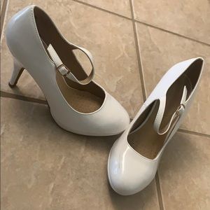 White patent leather heels